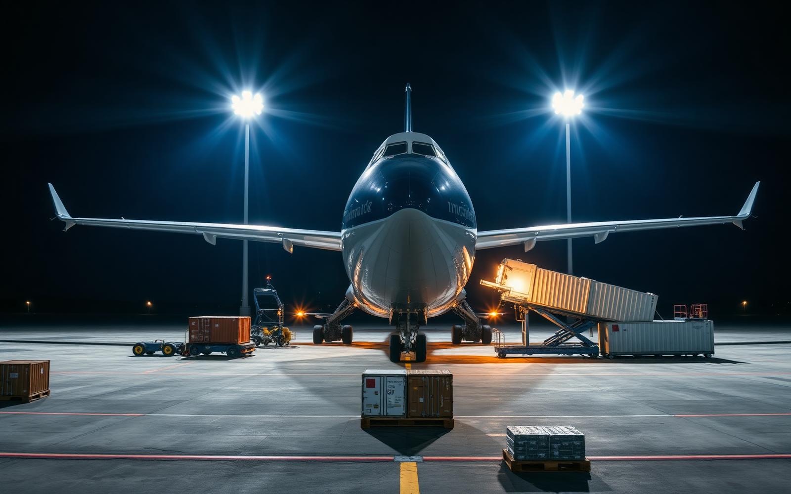 Freight aircraft being loaded with cargo containers at night